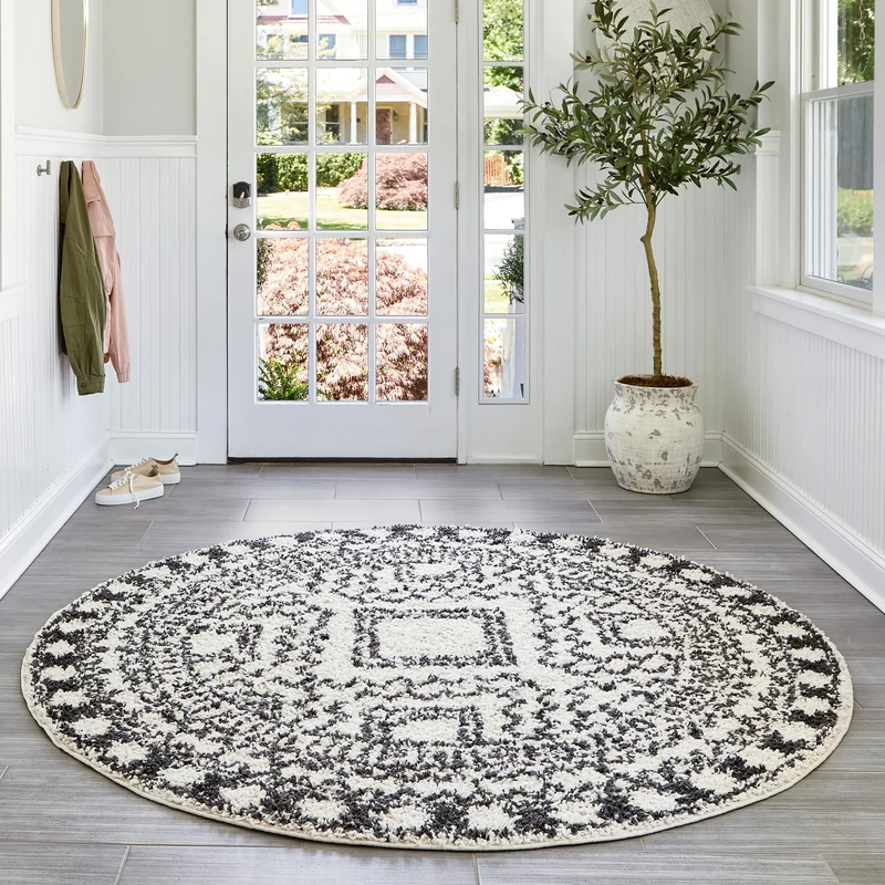 nuLOOM Vasiliki Moroccan Shag Tasseled Area Rug, 183 cm Round, Off-white