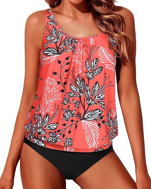 Yonique Two Piece Blouson Tankini Swimsuits for Women Modest Bathing Suits Loose Fit Swimwear, Red Floral, Small