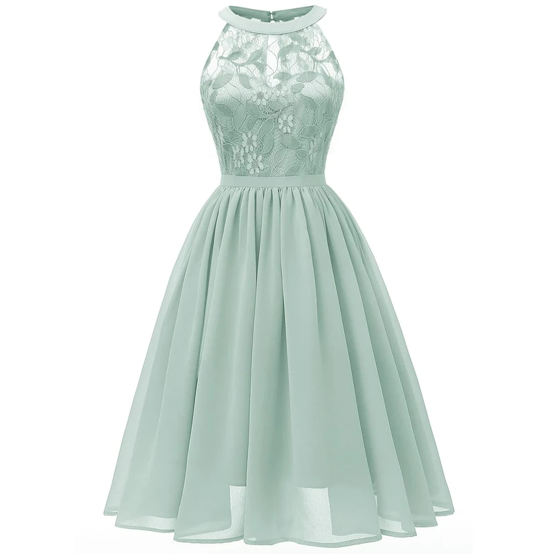 IWEMEK Women Vintage Halter Neck Floral Lace Hi-Lo Backless Bridesmaid Dress A-Line Short Prom Retro Cocktail Formal Swing Dress - Green - Small - Image 1