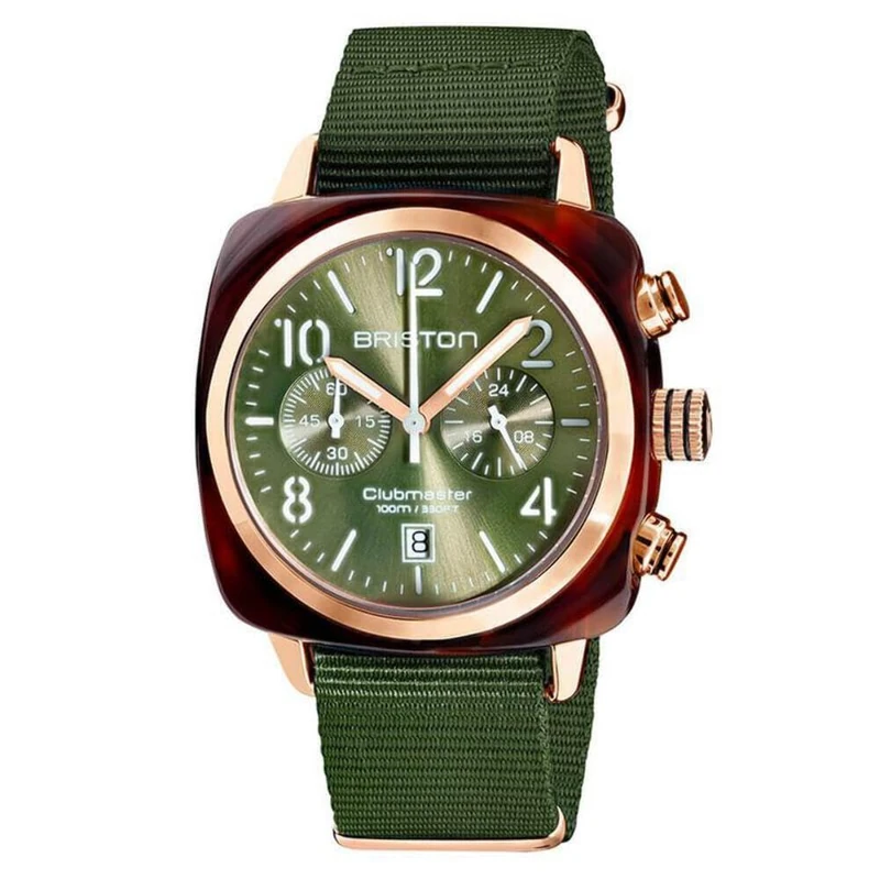 BRISTON - Clubmaster Classic Acetate - Olive Green & Rose Gold Chronograph - 19140.PRAT.26.NOL, Olive Green Dial, Strap, Olive Green Dial, Strap