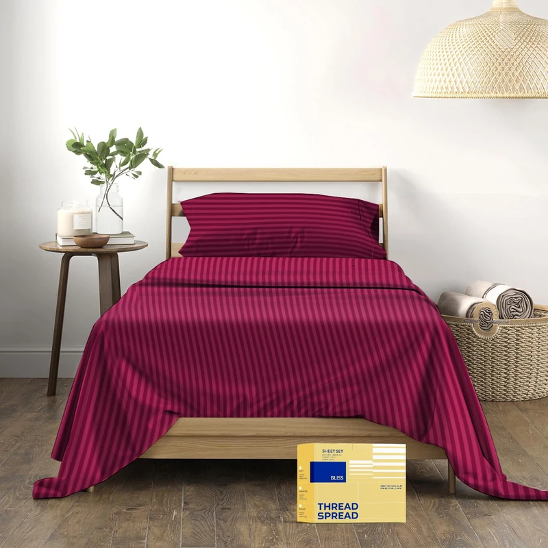 THREAD SPREAD Luxury Egyptian Cotton Twin Striped Sheet Set - 600 Series Bliss Collection Extra Long Staple Set (3 PC, Burgundy Stripe), Twin Damask Sheets, Cooling Sheets Upto 18" Deep Pocket