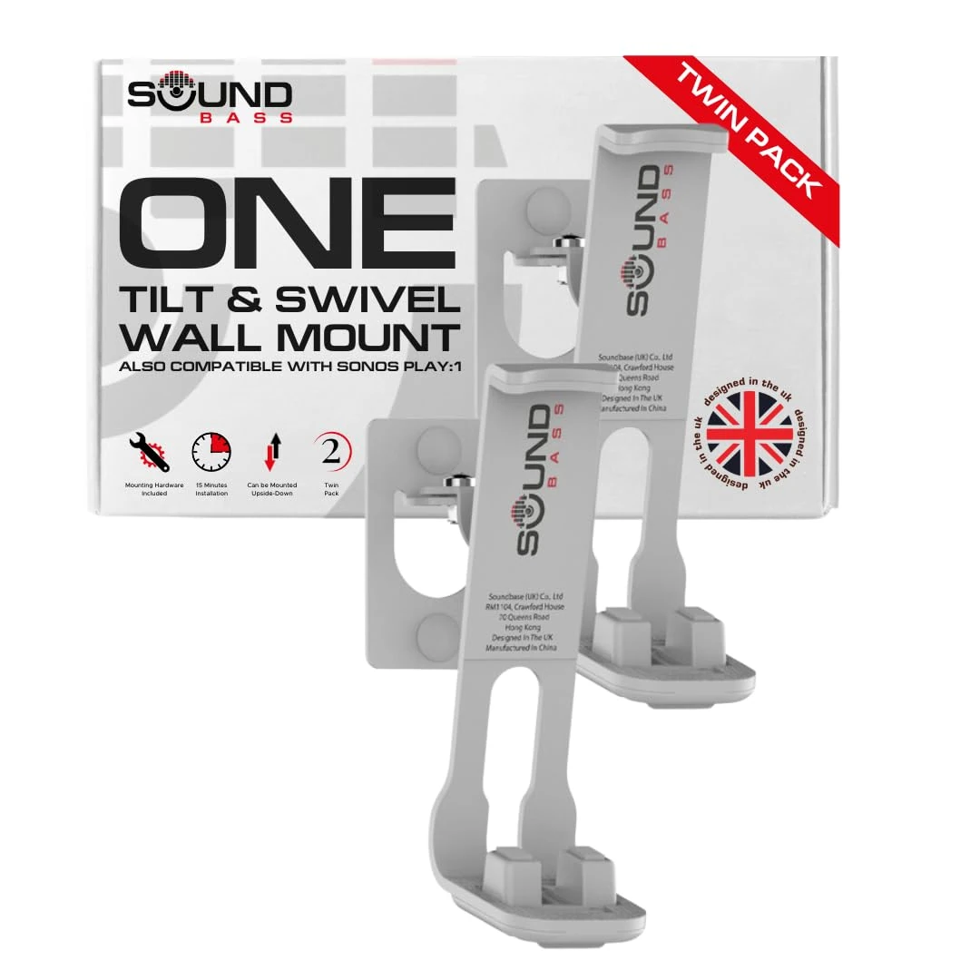 Sound bass 2 x ONE, ONE Gen 2, ONE SL, Play:1 Wall Mount Bracket, Twin Pack, White, Compatible with Sonos ONE, ONE Gen 2, ONESL & Play:1