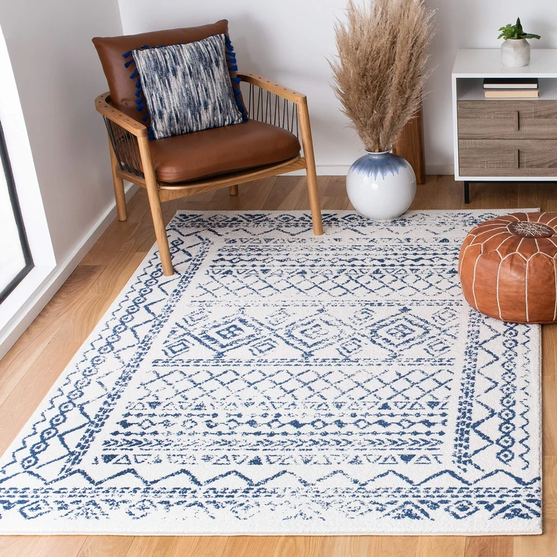 Safavieh Boho Chic Indoor Woven Rectangle Area Rug, Tulum Collection, TUL268, in Ivory / Navy, 122 X 183 cm for Living Room, Bedroom or Any Indoor Space