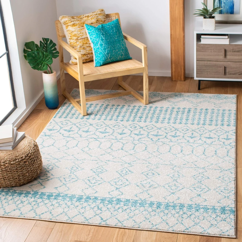 Safavieh Boho Chic Indoor Woven Rectangle Area Rug, Tulum Collection, TUL229, in Ivory / Turquoise, 122 X 183 cm for Living Room, Bedroom or Any Indoor Space