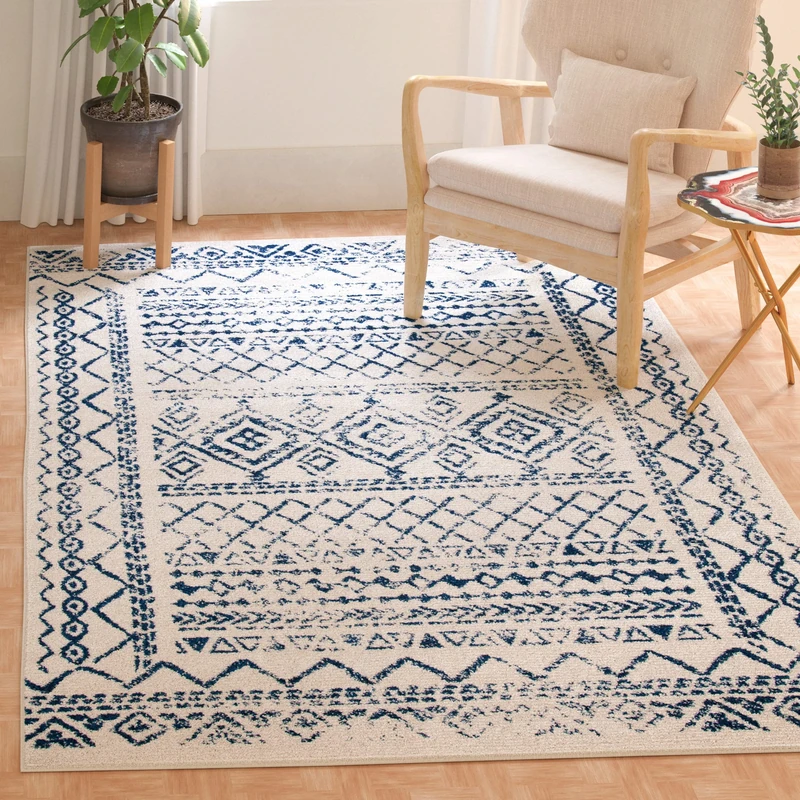 Safavieh Boho Chic Indoor Woven Rectangle Area Rug, Tulum Collection, TUL268, in Ivory / Navy, 91 X 152 cm for Living Room, Bedroom or Any Indoor Space