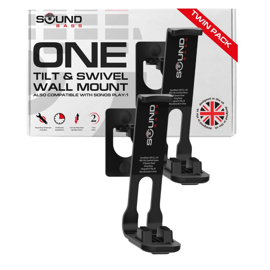 Sound bass 2 x One Wall Mount Bracket, Black, Twin Pack, Tilt & Swivel, Compatible with Sonos ONE, Gen 2, ONESL & Play:1