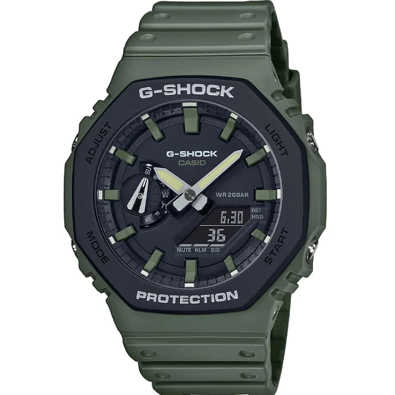 Casio G-Shock GA-2110SU-3AER Men's Analogue Quartz Watch with Carbon-Reinforced Resin Case, Green Resin Strap, Stopwatch, World Time, 200m Waterproof, 45mm