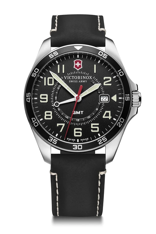 Victorinox Men’s Watch Fieldforce GMT Ø 42 mm, Swiss Made, Analogue Quartz, Water-Resistant up to 100 m, Leather Strap, Black