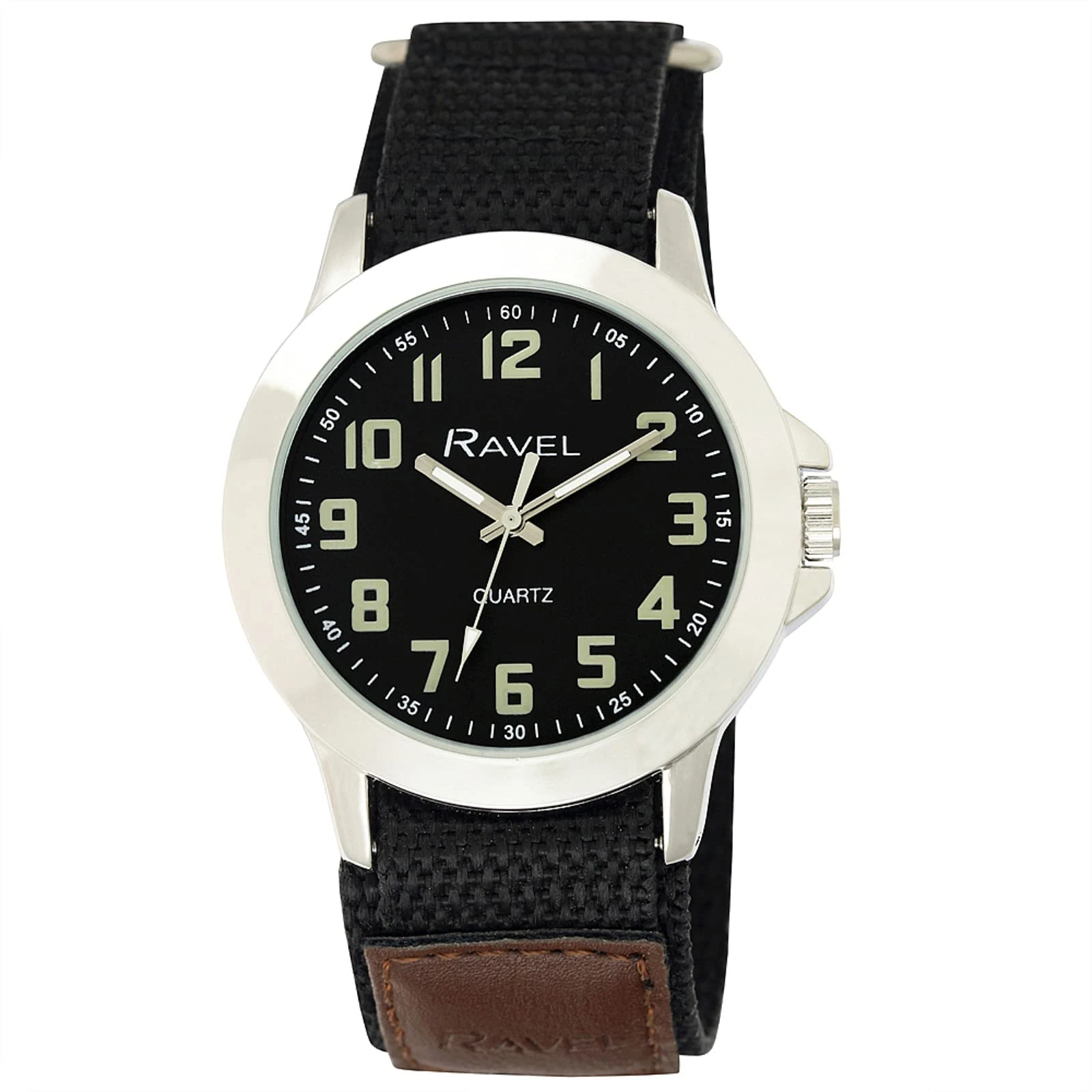 Ravel - Men's Modern Workwear Watch with Easy-Fasten Strap - Silver Tone/Charcoal Dial/Black Strap with Tan Tongue