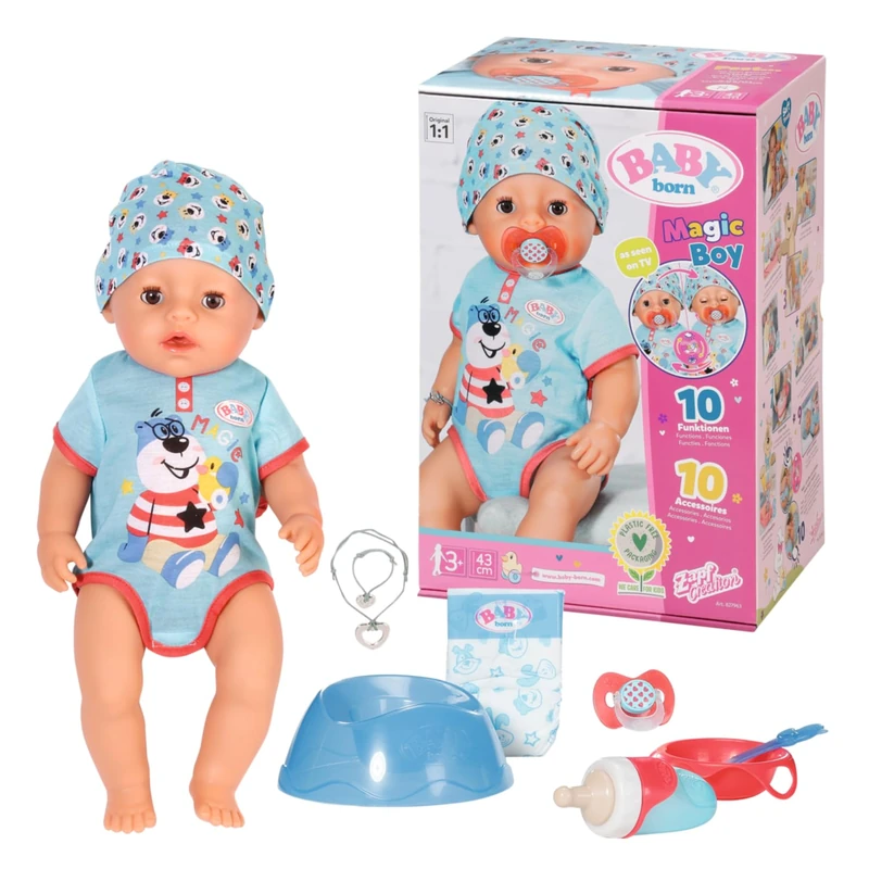 BABY born Soft Touch Boy 43cm With Magic Dummy - Realistic Doll With Lifelike Functions - Soft To The Touch, Flexible Body - Eats, Sleeps, Cries & Uses The Potty - 11 Accessories - Blue, 827963