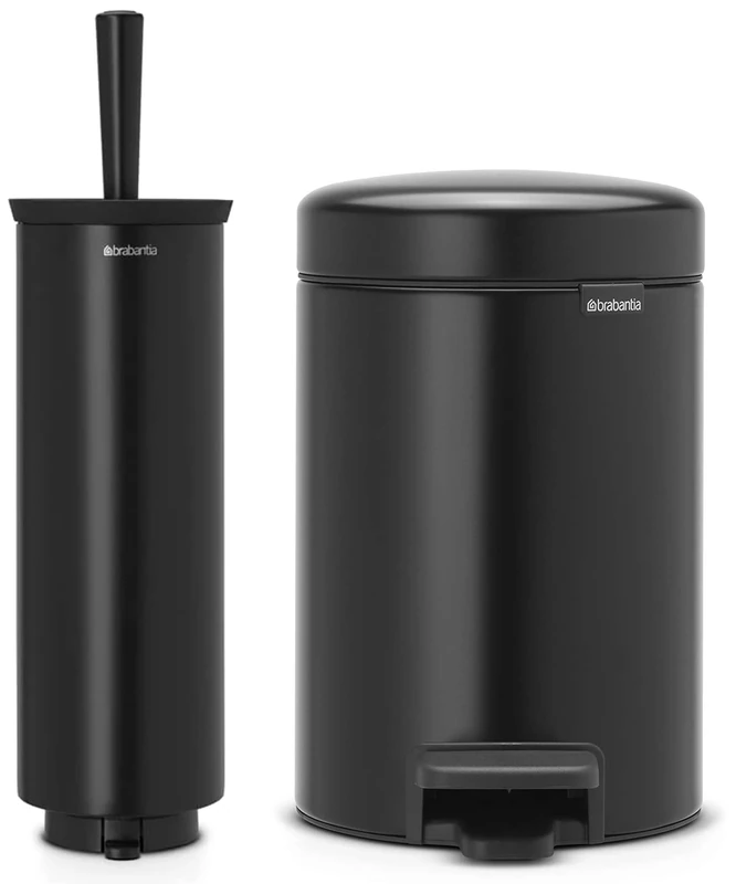 DJI Brabantia Pedal Bin Newicon with plastic inner Bucket, Matt Black - 3 L with Toilet Brush and Holder - Black
