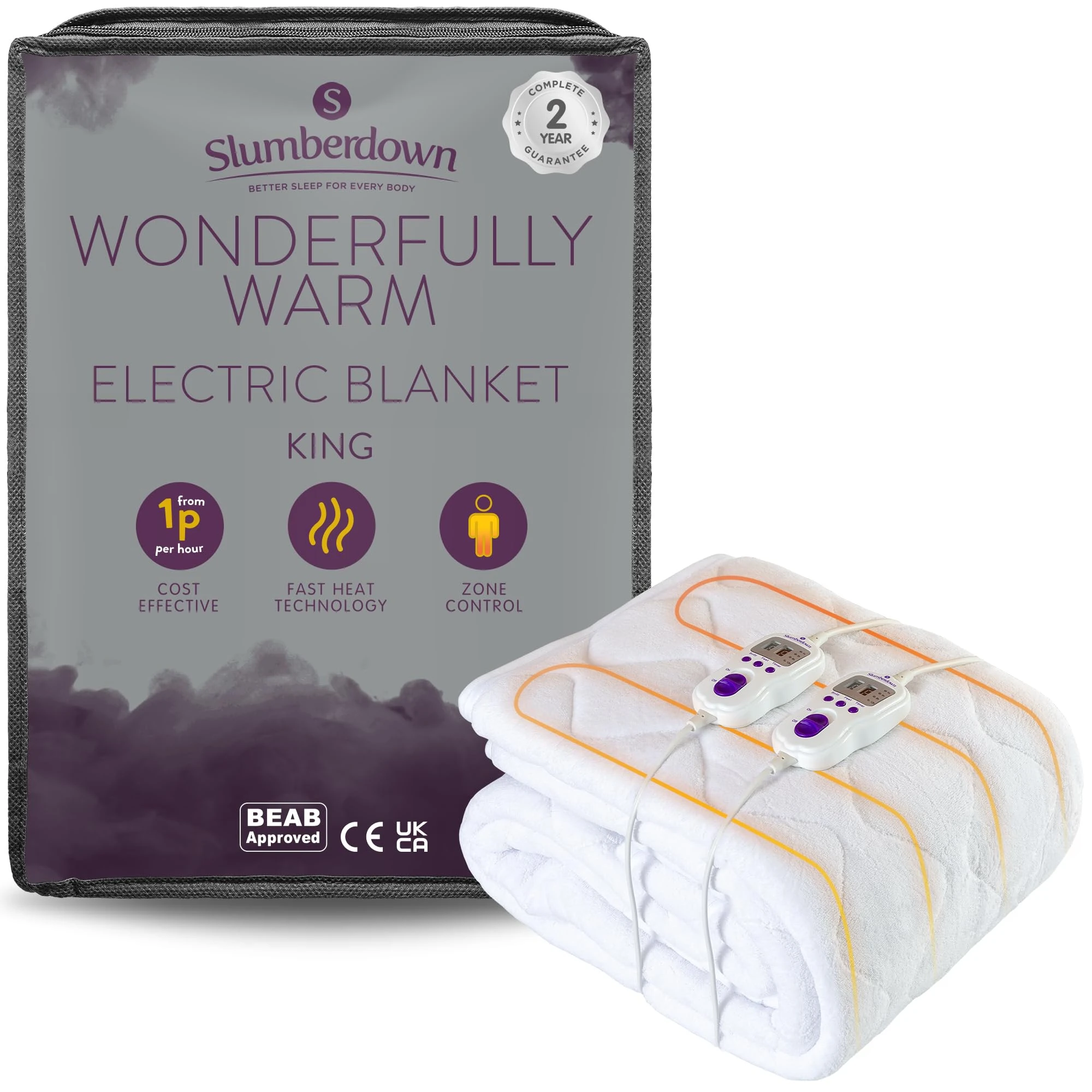 Slumberdown Luxury Electric Blanket King Size - Multi-Zone Dual Control Fleece Blanket with 9 Heat Settings | BEAB-Approved, Easy Fit Straps & Washable Heated Blanket (160 × 150cm)