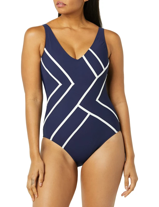 Gottex Women's Standard Mirage V Neck One Piece, Mirage Navy/White-Extra Coverage, 48