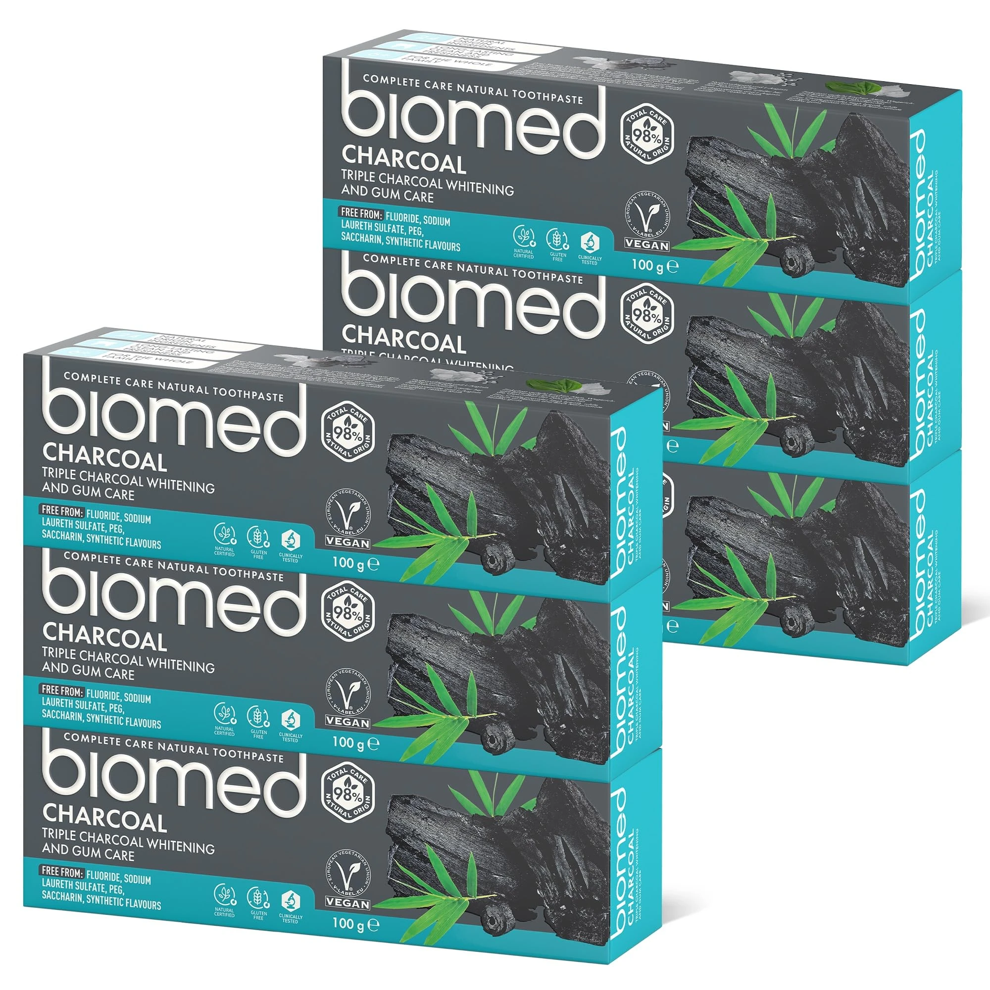 Biomed Triple Charcoal 98% Natural Whitening Toothpaste | Gum Care, Bamboo Charcoal | Vegan, SLES Free 100g (Pack of 6)
