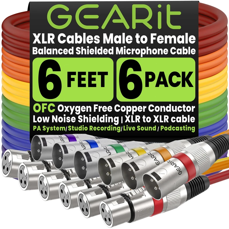 GEARit XLR Microphone Cable (6 Feet, 6 Pack) - 6Ft XLR Male to Female Mic Cable for Mixer, Studio, Podcast - Multi Colored, Shielded