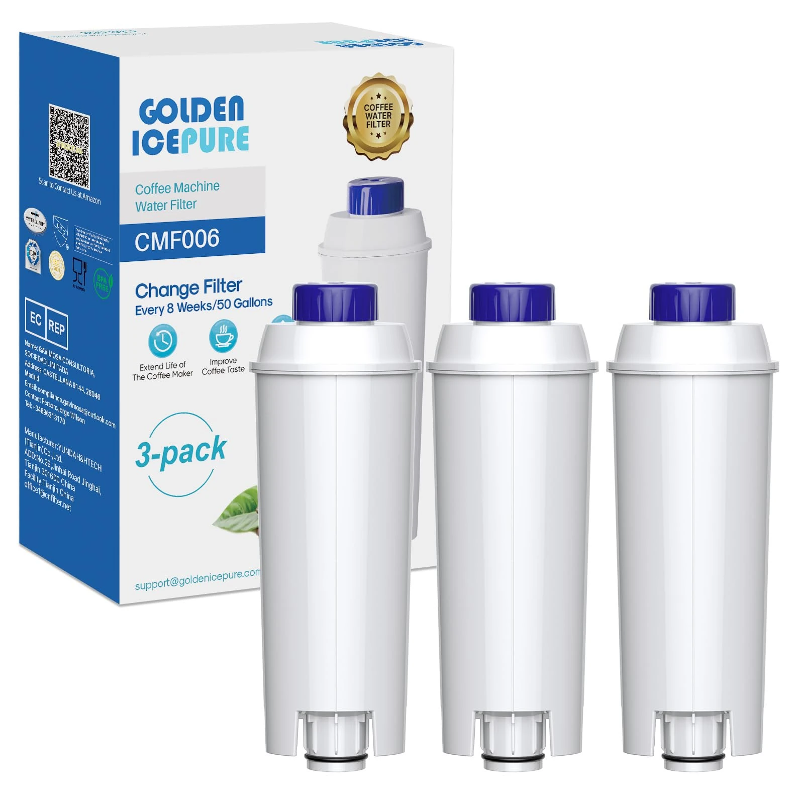 GOLDEN ICEPURE Coffee Machines Water Filter Compatible with De'Longhi DLSC002, SER3017 & 5513292811,De Longhi,ECAM, Esam, ETAM, BCO, EC-Series, 3 Pieces