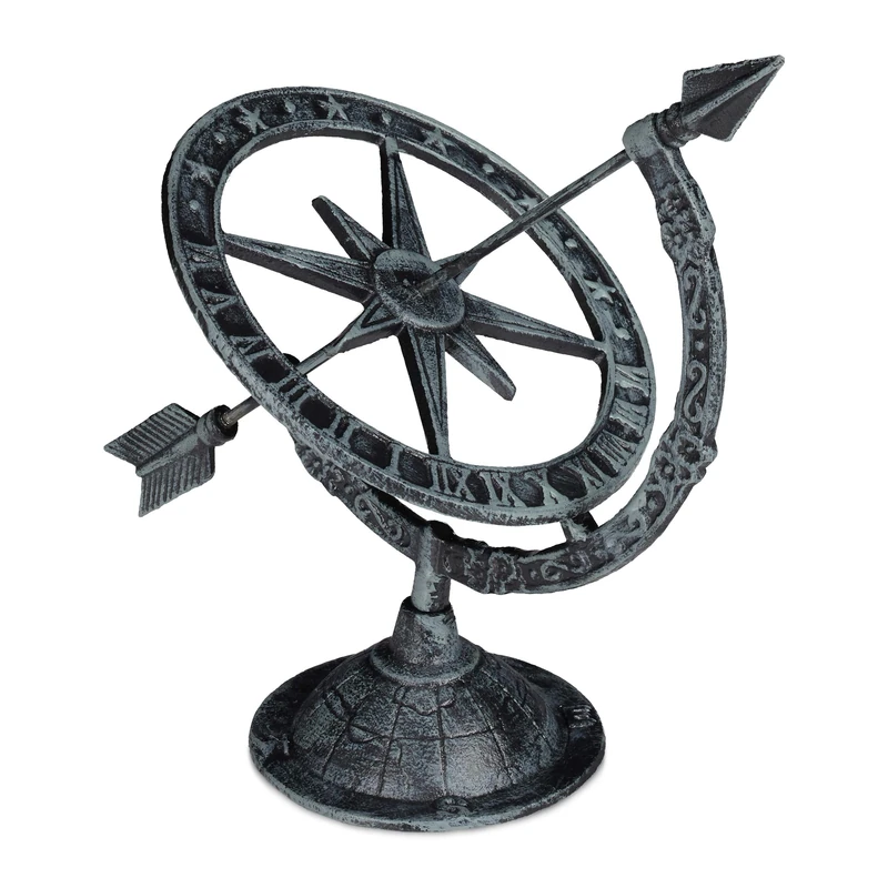 Relaxdays Antique Sundial, Outdoor Ornament, Clock, Garden Decoration, Weatherproof, Cast Iron, HWD: 27x26x18 cm, Grey
