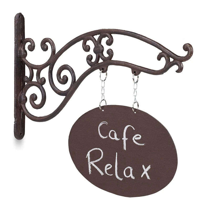 Relaxdays Hanging Chalkboard Sign, Antique Design, Notes, Messages, Cast Iron, Jib, For Bar/Entrance, Brown - Image 1