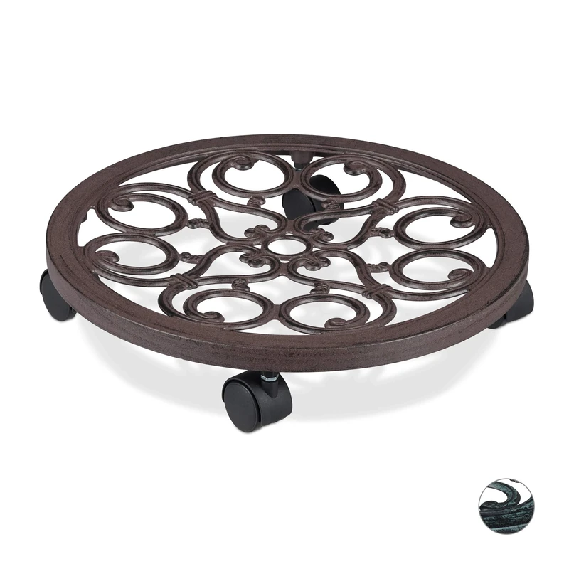 Relaxdays Round Plant Caddy, Metal Flower Pot Roller for Indoors & Outdoors, Antique Look, Ø 38 cm, Brown