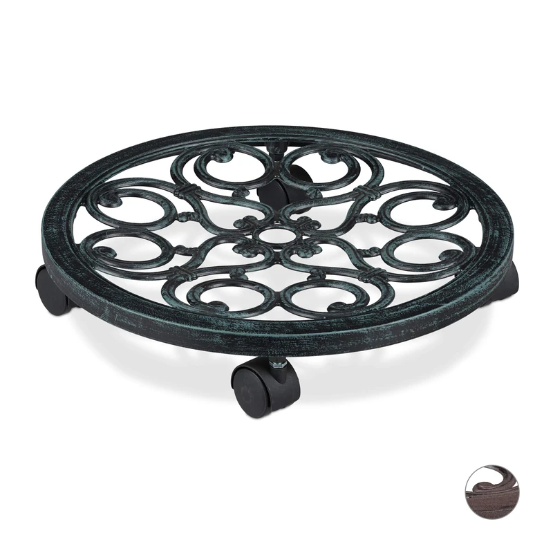 Relaxdays Round Plant Caddy, Metal Flower Pot Roller for Indoors & Outdoors, Antique Look, Ø 38 cm, Green