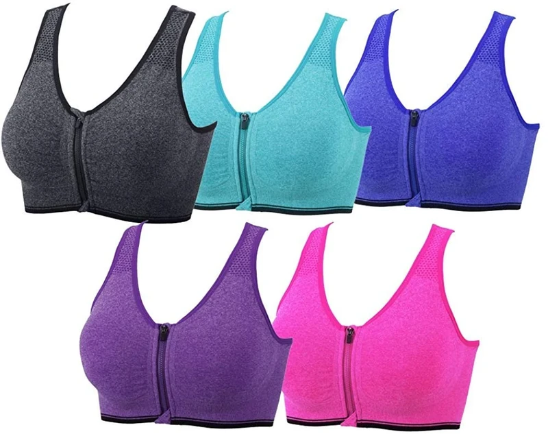 DODOING Zip Front Sports Bra Post Surgery Bra Yoga Bra Workout Fitness Activewear Racerback Padded Bras for Women（5PCS）