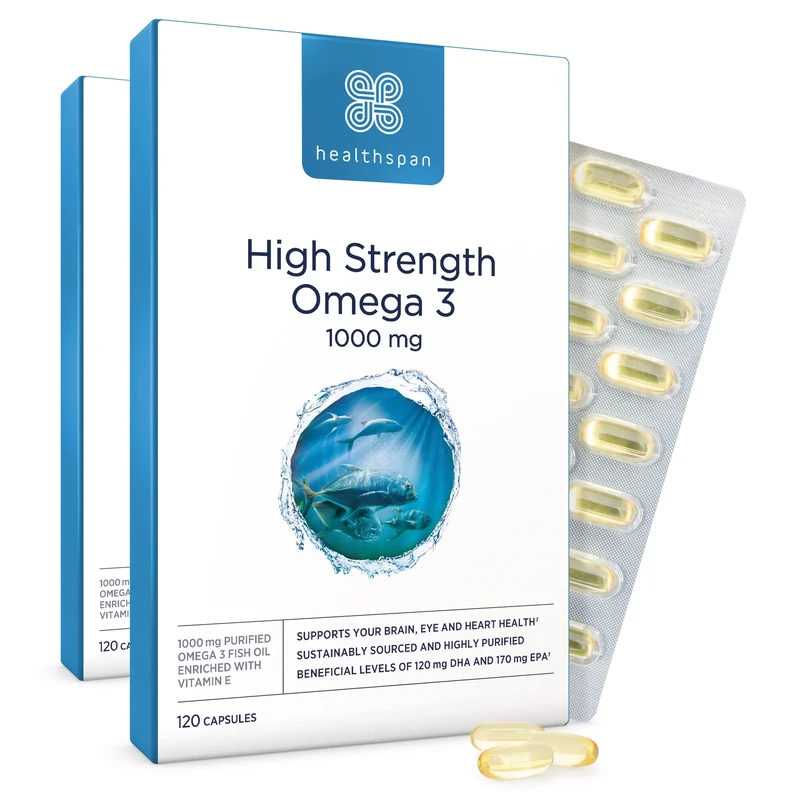 Healthspan High Strength Omega 3 1,000mg (240 Capsules) | Supports Brain, Eye & Heart Health | 120mg DHA & 170mg EPA Per Capsule | Highly Purified to Remove Toxins | Sustainably Sourced Fish Oil