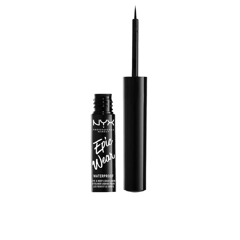 NYX Professional Makeup Black Liquid Eye Liner, Epic Wear Semi Permanent Liquid Liner, Flexible Brush Tip Applicator, Intensely Pigmented Shades, Waterproof Vegan Formula, Shade: Black