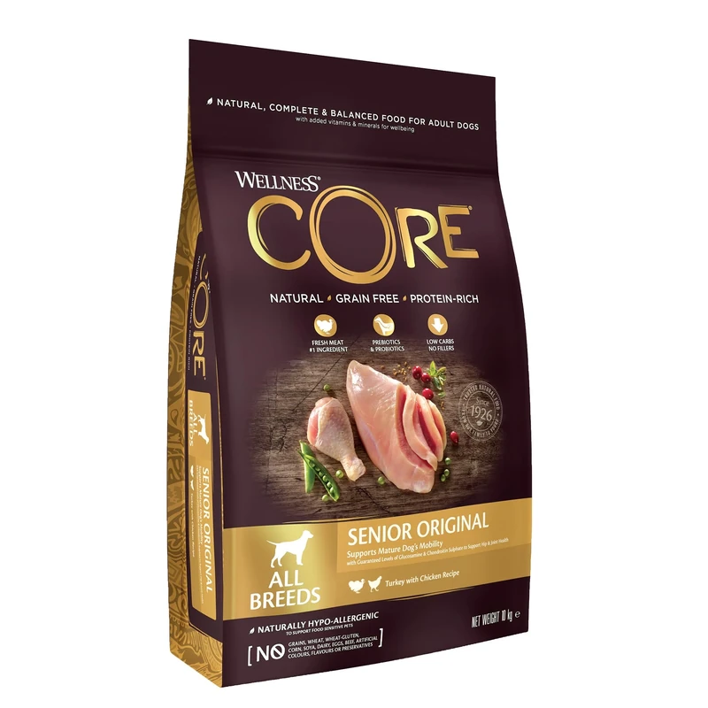 Wellness CORE Senior 10 kg, Chicken & Turkey – Dry Dog Food for Mature Dogs from 7 Years, Grain-Free, Natural, Hypoallergenic, Protein-Rich, High Meat Content, Supports Healthy Hips & Joints