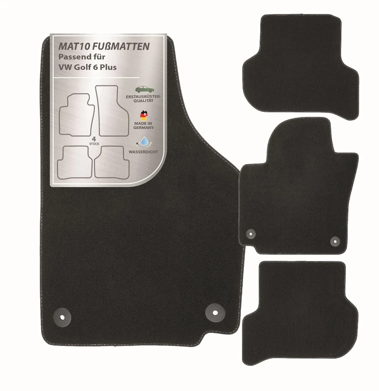 MAT10 Silver Line: VW Golf VI Plus 2008-10-2014-08 Car Floor Mats Velour Premium Quality 4 Piece Black Fit