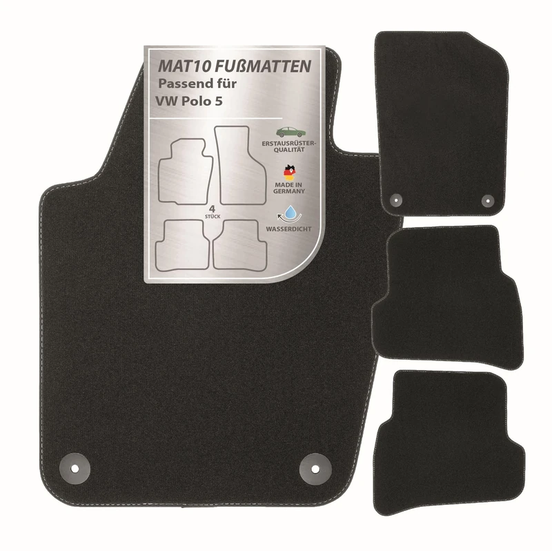 MAT10 Silver Line: VW Polo V Small Car and Cross and CityVan Year of Manufacture 2009-03 - 2014-05 Car Floor Mats Velour Premium Quality 4-Piece Black Fit