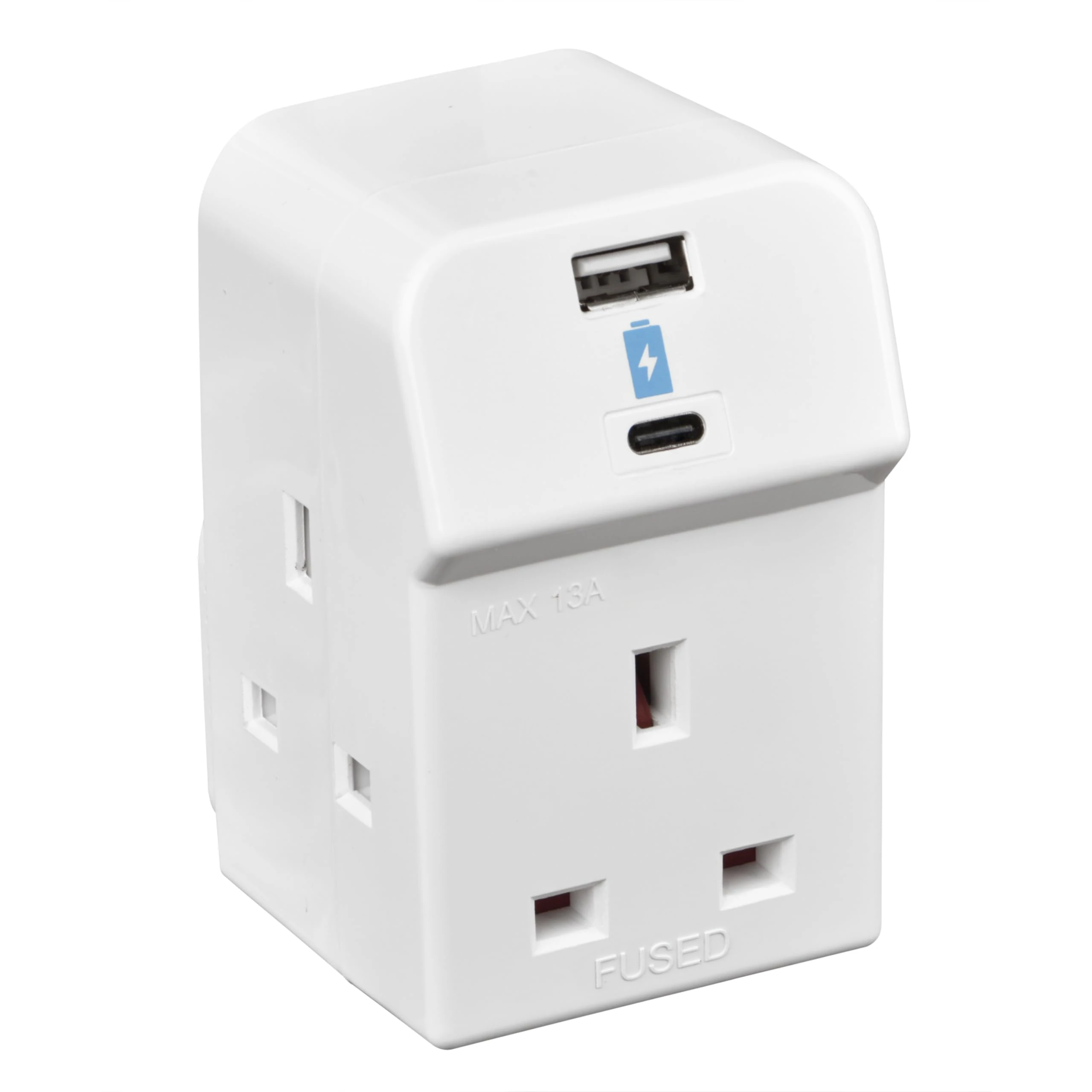 Masterplug Three Socket Fused Wall Plug Adaptor with USB A & C Charging Ports, White, 13A, 10.5W, 3G, A3UAC10