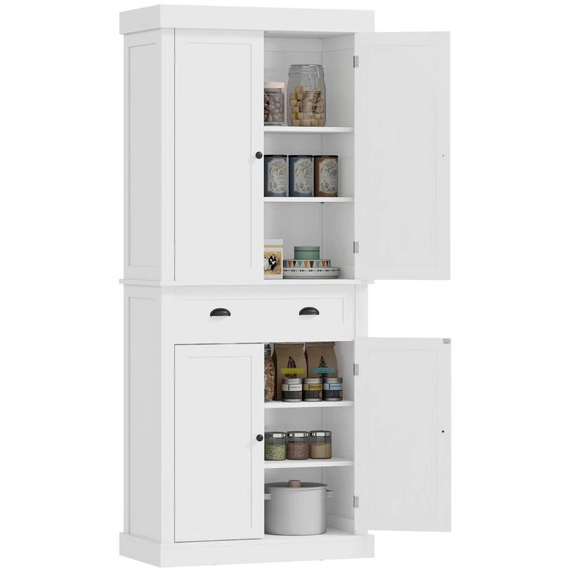 HOMCOM Freestanding Kitchen Cupboard, 184cm Tall Storage Cabinet with Doors and Shelves, Traditional Colonial 4-Door Kitchen Pantry Cupboard with Drawer White