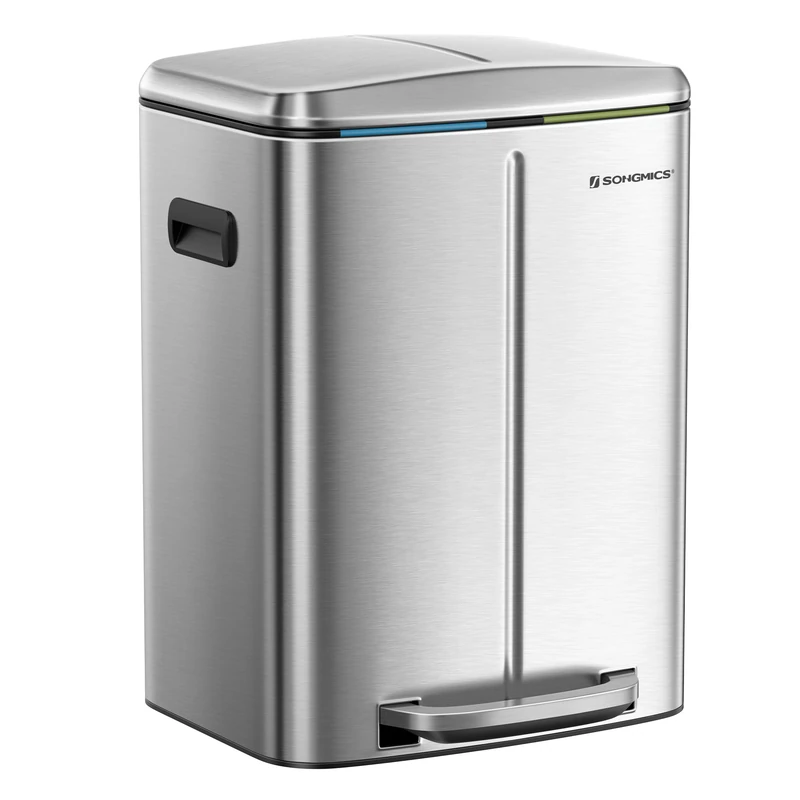 SONGMICS Double Rubbish Bin, 2 x 20L Kitchen Bin, Dual Compartment Metal Step Bin, with Plastic Inner Buckets, Soft-Close Lids, and Handles, Odour Seal, Silver LTB40NL