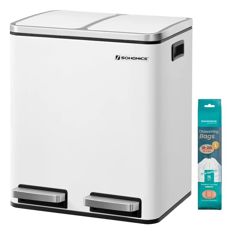 SONGMICS Kitchen Bin, 2 x 15 L Double Bin for Recycling and Waste, Pedal Bin, 15 Liners Included, Inner Buckets, Soft Close for Small Families, Steel, Cloud White LTB30WT