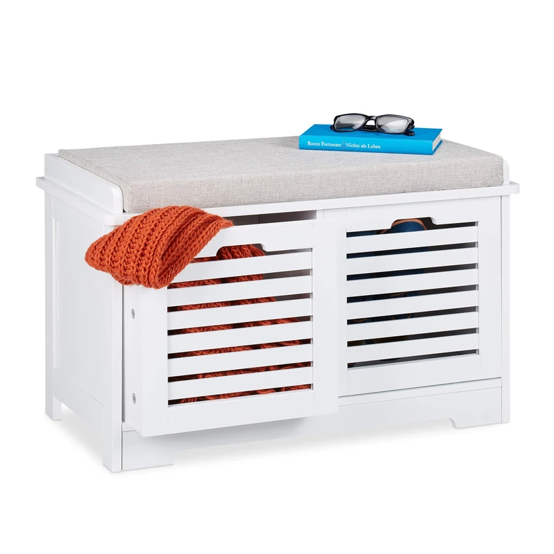 Relaxdays Storage Bench, 2 Drawers, Soft Cushion, Hallway Furniture, Shoe Storage Baskets, HxWxD 44 x 72 x 35cm, White