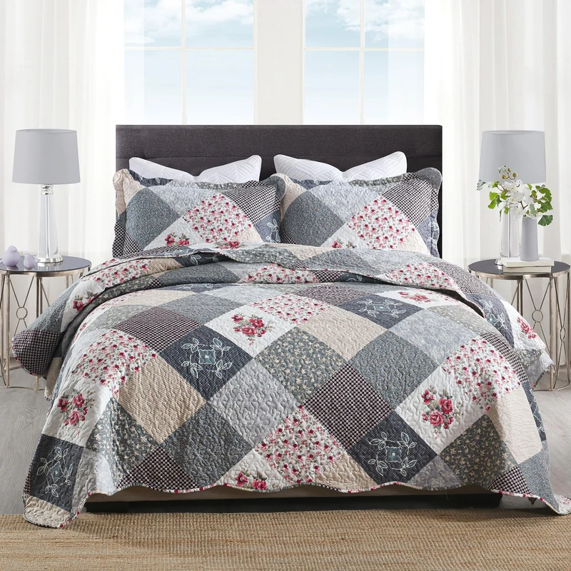 HoneiLife Quilt Set Queen Size - 3 Piece Microfiber Quilts Reversible Bedspreads Patchwork Coverlets Floral Bedding Set All Season Quilts-Grey Rose,Queen/Full Size