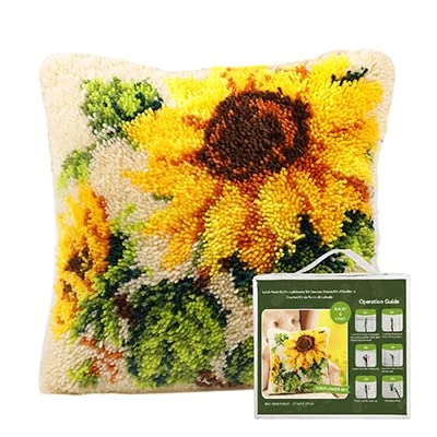 Latch Hook Kit for Adults & Kids- Sunflowers Pattern 43x43cm, Complete DIY Cushion Making Craft Kits with Yarn & Canvas and Crochet Needle, Latch Hook Pillow Cover Adult Craft Kits Home Decor