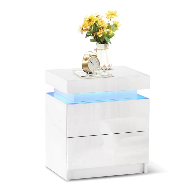 TUKAILAi Bedside Table with LED Light, 2 Drawers and High Gloss Nightstand Bedside Cabinet Table for Bedroom Living Room