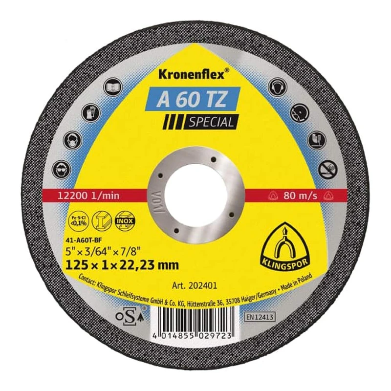 Klingspor 351258 Kronenflex cutting disc A 60 TZ special - for stainless steel and metals - dimensions: 125 mm x 1 mm x 22.23 mm flat shape for X-lock