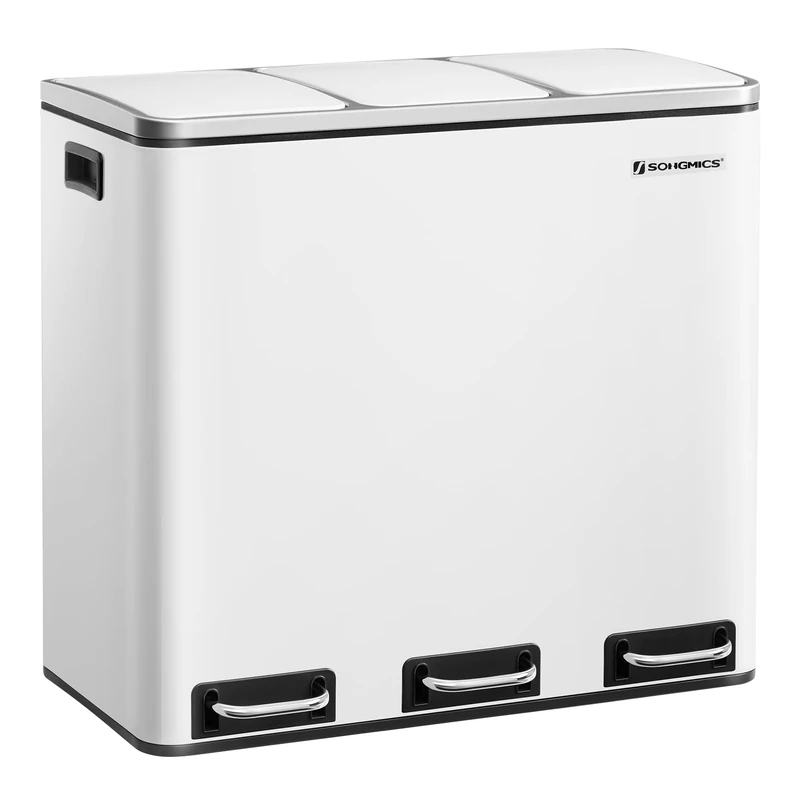 SONGMICS Kitchen Bin, 3 x 18 L Recycling Bin, 3 Compartment Rubbish Bin for Recycling and Waste, 15 Liners Included, Soft-Close Lids, Pedals, Inner Buckets, Steel, Cloud White LTB54WT
