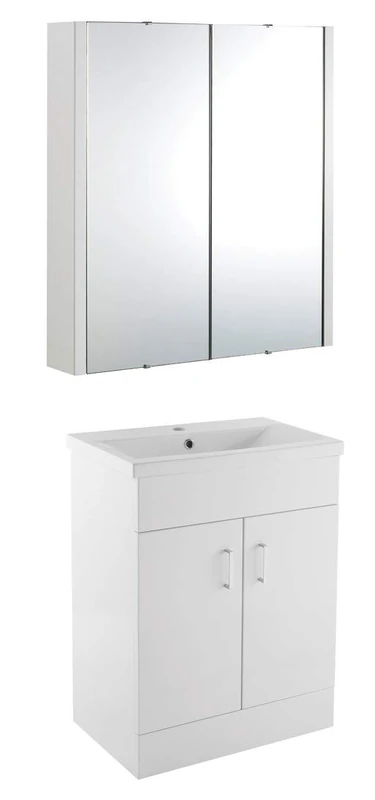VeeBath Sobek 600 Vanity Unit with Basin and Mirror Cabinet, Floor Standing Cabinet Rectangular Ceramic Wash Basin for Bathroom Furniture with 2 Doors- Gloss White (Flat Pack) - Image 1