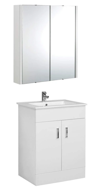 VeeBath Sphinx 600 Vanity Unit with Basin and Mirror Cabinet, Floor Standing Cabinet Rectangular Ceramic Wash Basin for Bathroom Furniture with 2 Doors- Gloss White (Flat Pack)
