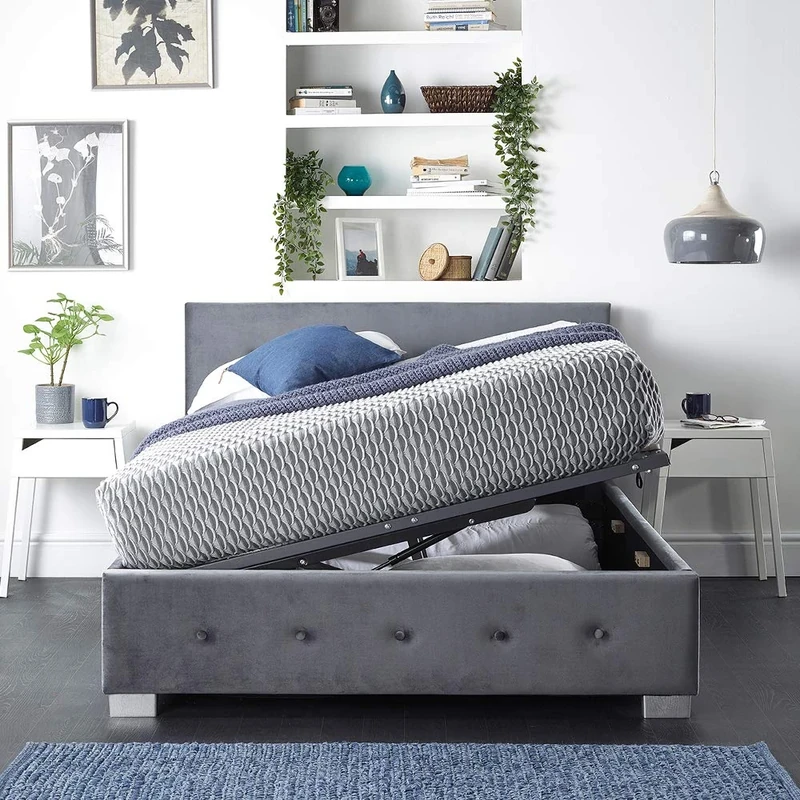 Aspire Beds Upholstered Side Opening Storage Ottoman Bed in Steel Plush Velvet, Grey Linen or Silver Crushed Velvet Fabrics - Plush Velvet (Single 3ft 90 * 190)