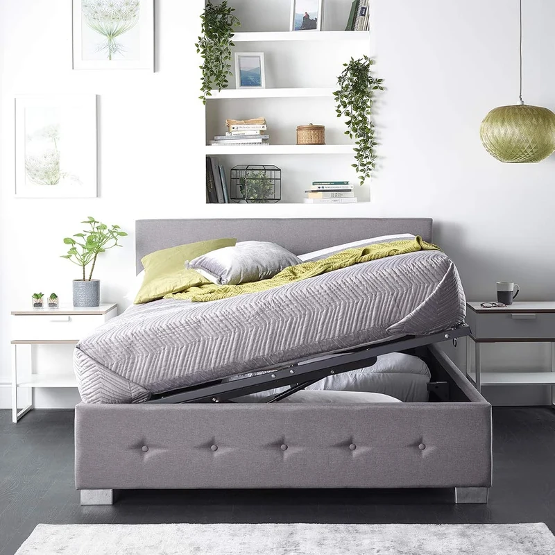 Aspire Beds Upholstered Side Opening Storage Ottoman Bed in Steel Plush Velvet, Grey Linen or Silver Crushed Velvet Fabrics - Linen (Super King 6ft 180 * 200)