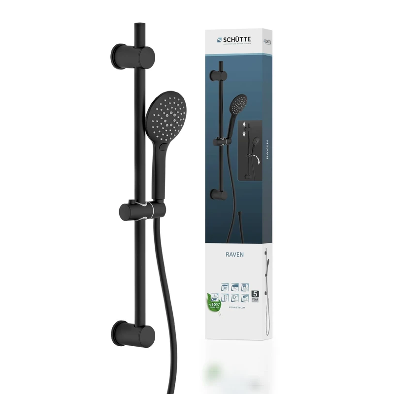 SCHÜTTE Raven Shower Rail and Hand Shower, Shower Head with 3 Adjustable Shower Head, Shower Set with Shower Column, Rain Shower Panel with Hose in Black