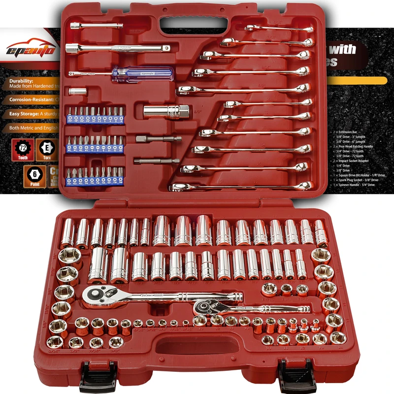 EPAuto Mechanics Tool Set Drive Socket Wrench Ratchets, SAE/Metric, 122-Piece - Image 1