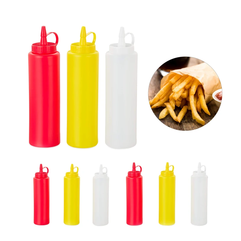 Relaxdays Squeeze Bottle, Sauce Dispenser, Refillable, Plastic, Set of 9, Home & Gastronomy, 400 ml, Red/Yellow/White - Image 1