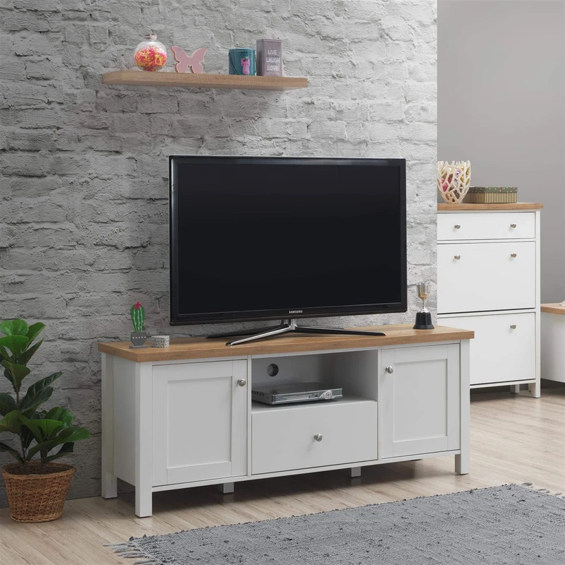 Timber Art Design UK Astbury TV Unit Stand Media Cabinet 2 Doors + Drawer White & Oak