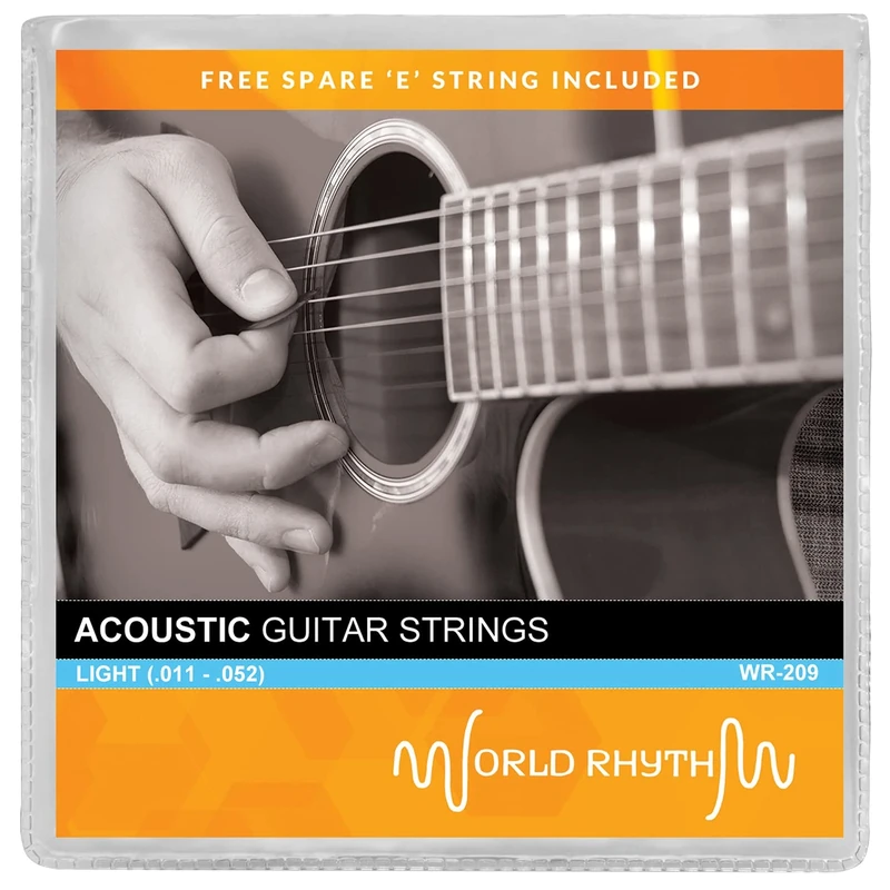 World Rhythm Acoustic Guitar Strings - Light (.011 - .052) Gauge Guitar Strings with Spare High E String