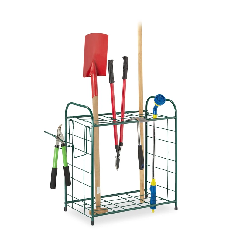 Relaxdays Garden Tool Rack, Outdoor Storage for Gardening Utensils, Yard Organiser, Garage Shelf, HWD: 68x80x35cm, Dark Green 10029564